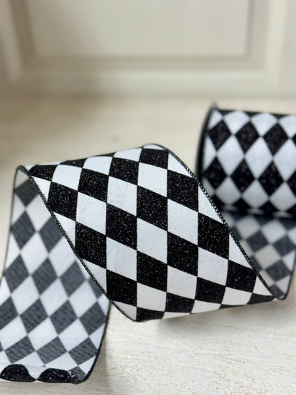 4 Inch By 10 Yard Black And White Harlequin Check Ribbon