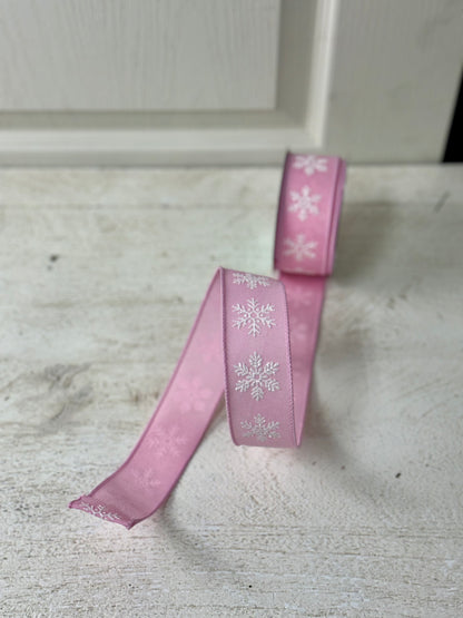 1.5 Inch By 10 Yard Pink And White Snowflake Ribbon