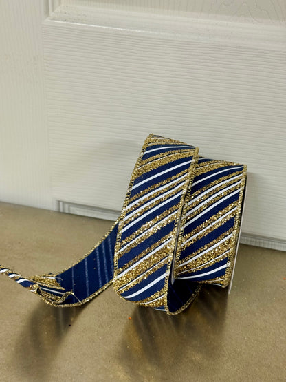 1.5 Inch By 10 Yard Navy Blue And Gold Diagonal Striped Ribbon