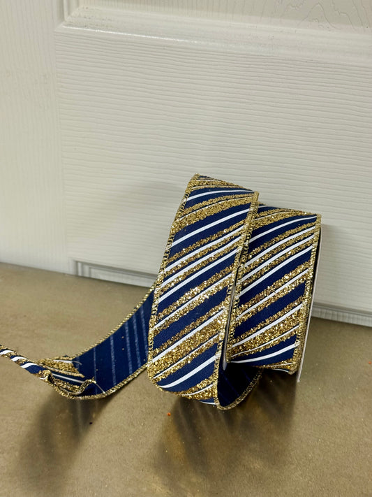 1.5 Inch By 10 Yard Navy Blue And Gold Diagonal Striped Ribbon