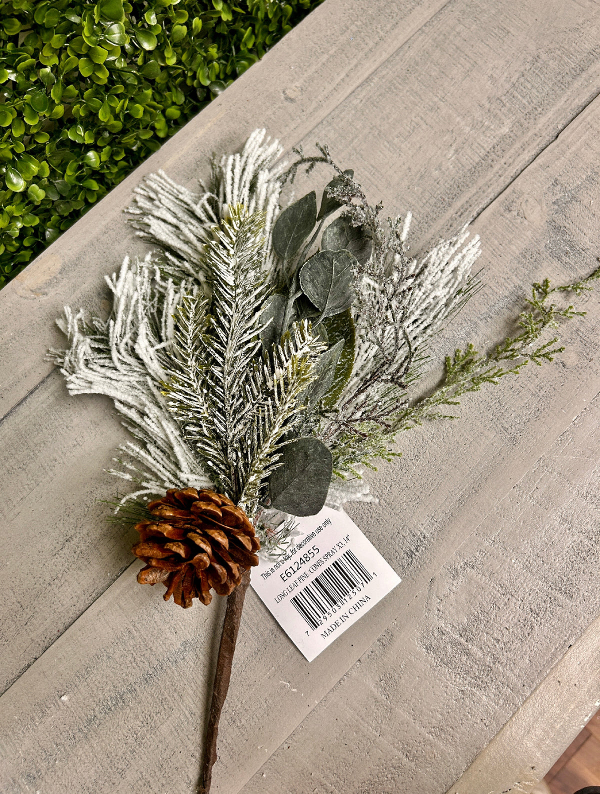 14 Inch Green White Flocked Long Needle Magnolia Cedar Spray