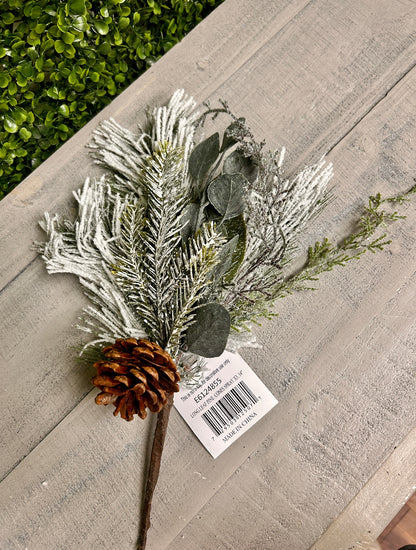 14 Inch Green White Flocked Long Needle Magnolia Cedar Spray