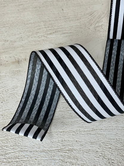 2.5 Inch By 10 Yard Black And White Cabana Striped Ribbon