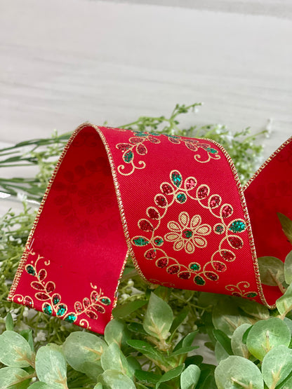 2.5 Inch By 10 Yard Gold Red And Green Ornate Loop Diamond Ribbon