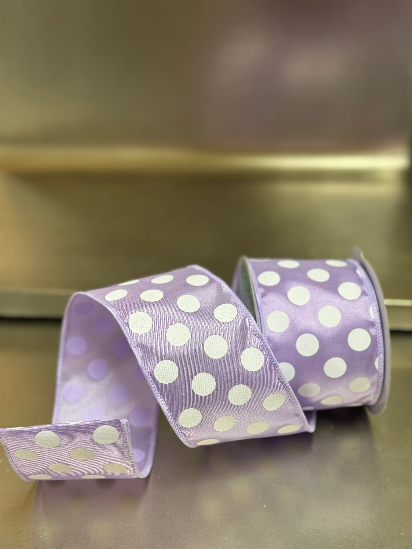 2.5 Inch By 10 Yard Lavender And White Polka Dot Ribbon