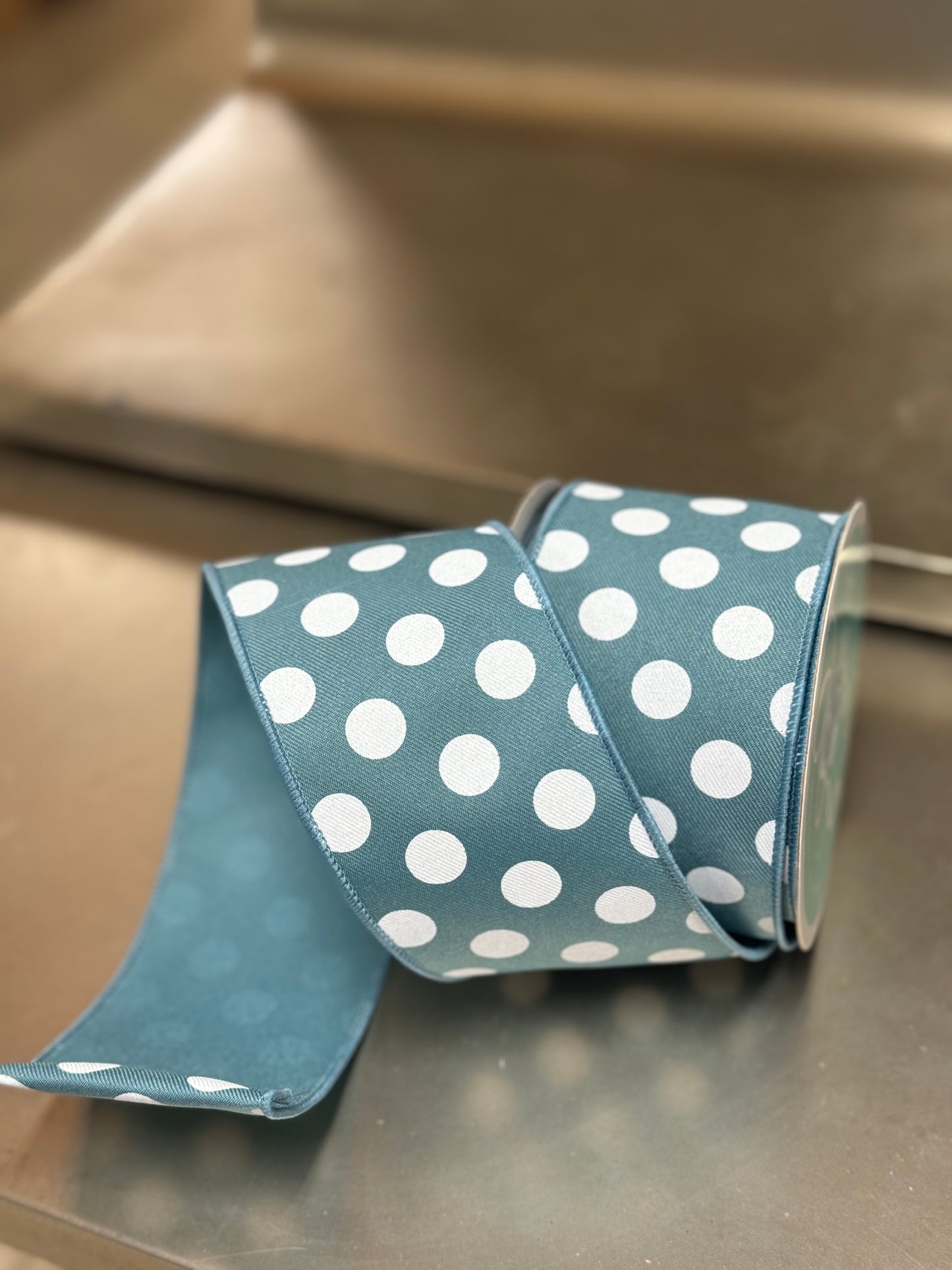 2.5 Inch By 10 Yard Smoke Blue And White Polka Dot Ribbon