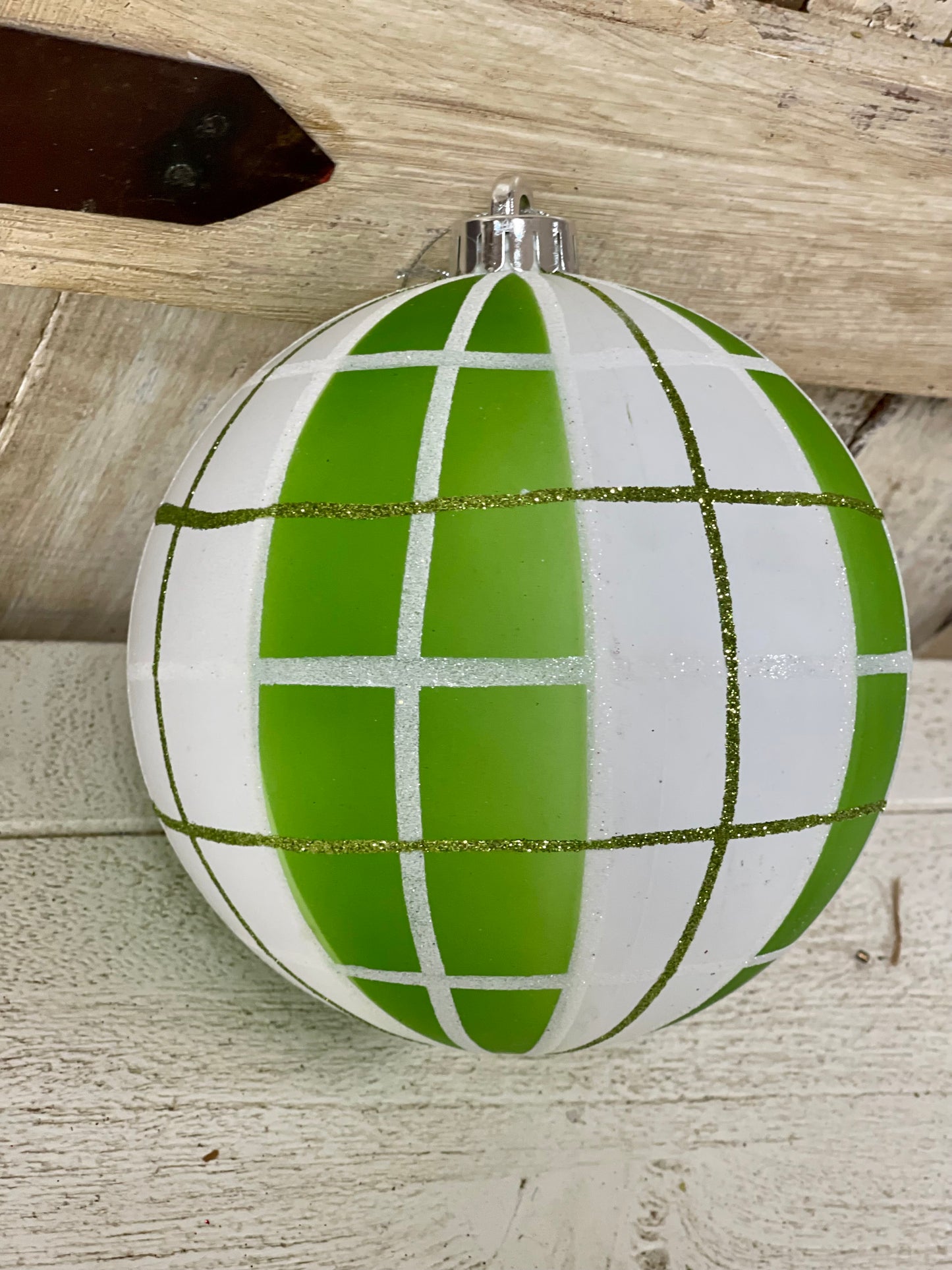 6 Inch Lime And White Plaid Ornament Ball