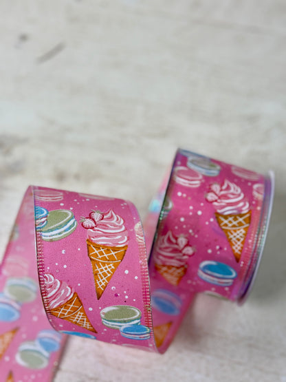 2.5 Inch By 10 Yard Pink Ice Cream Cones And Macaroons Ribbon