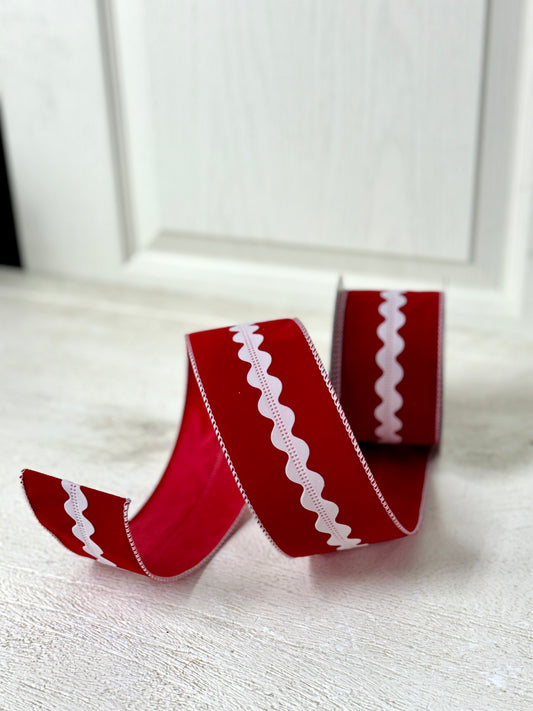 2.5 Inch By 10 Yards Red Velvet With White Rick Rack Stripe Ribbon