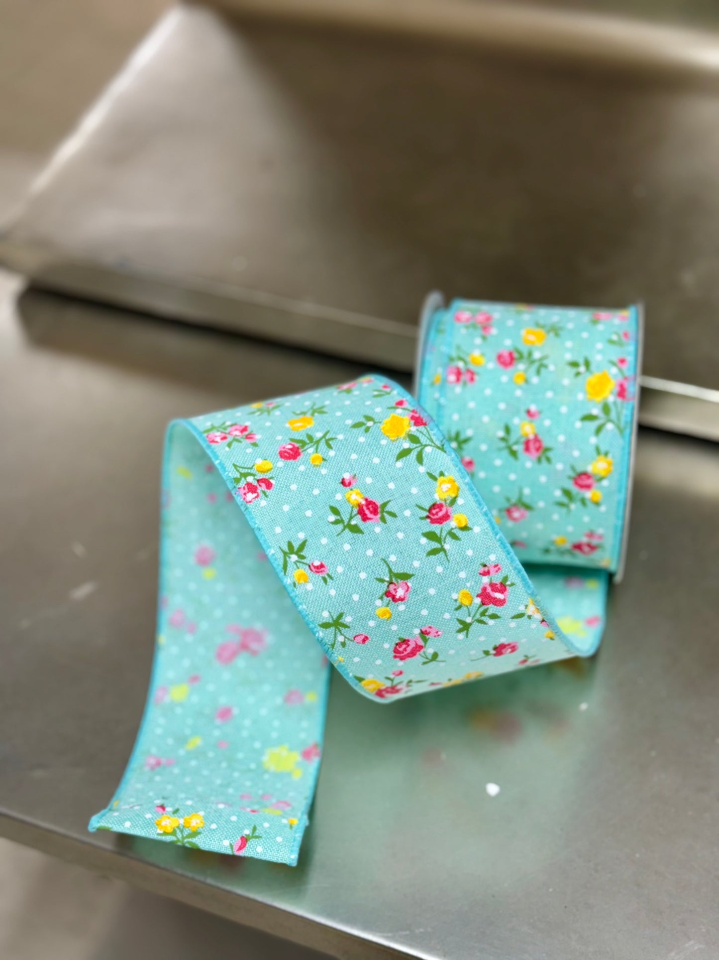 2.5 Inch By 10 Yard Mint Green Vintage Floral With Dots Ribbon