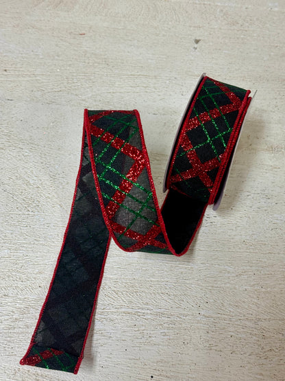 1.5 Inch By 10 Yard Black Red Emerald Glitter Diagonal Plaid Ribbon