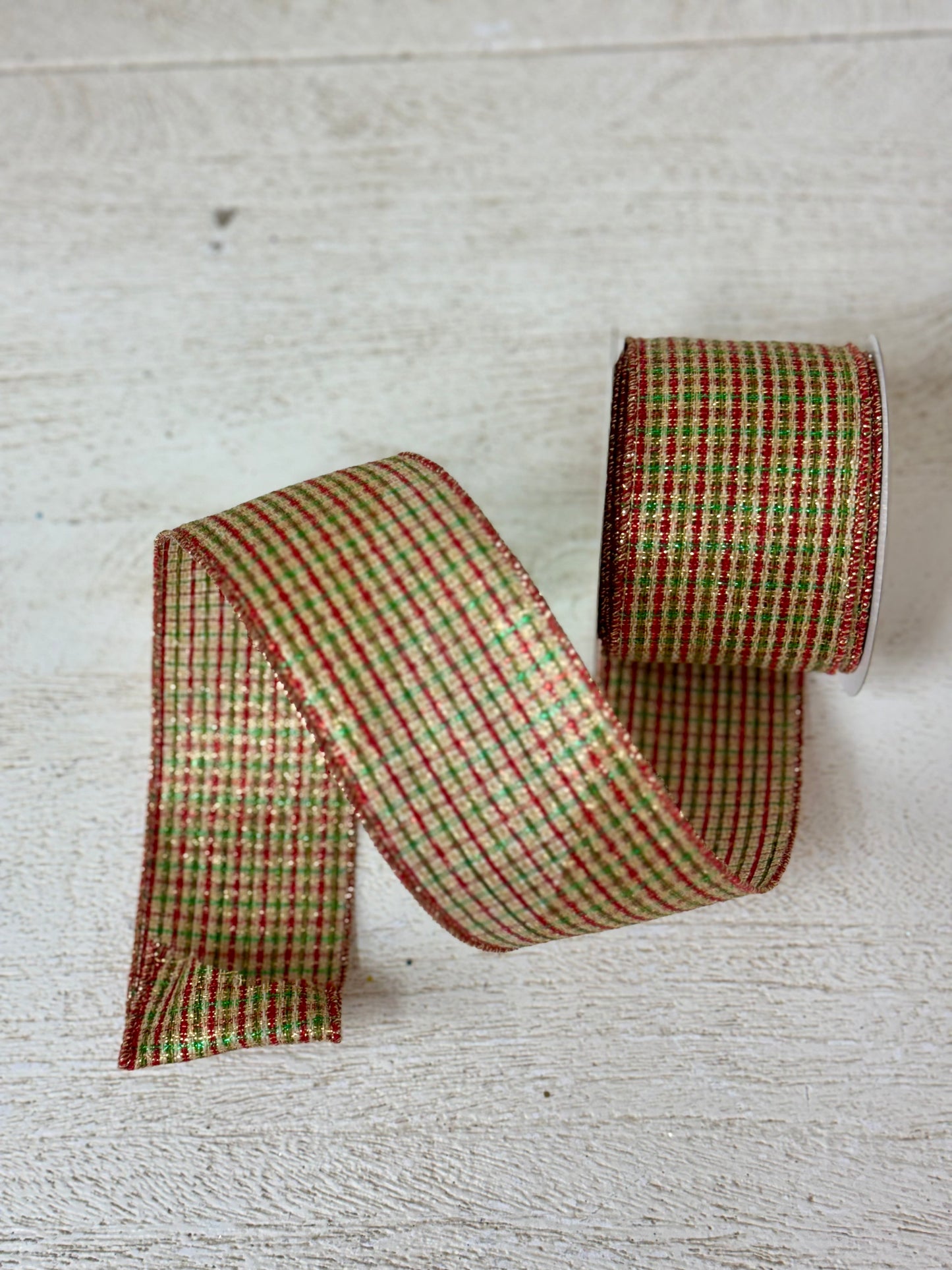 2.5 Inch By 10 Yard Red Green And Gold Woven Metallic Stripes Ribbon