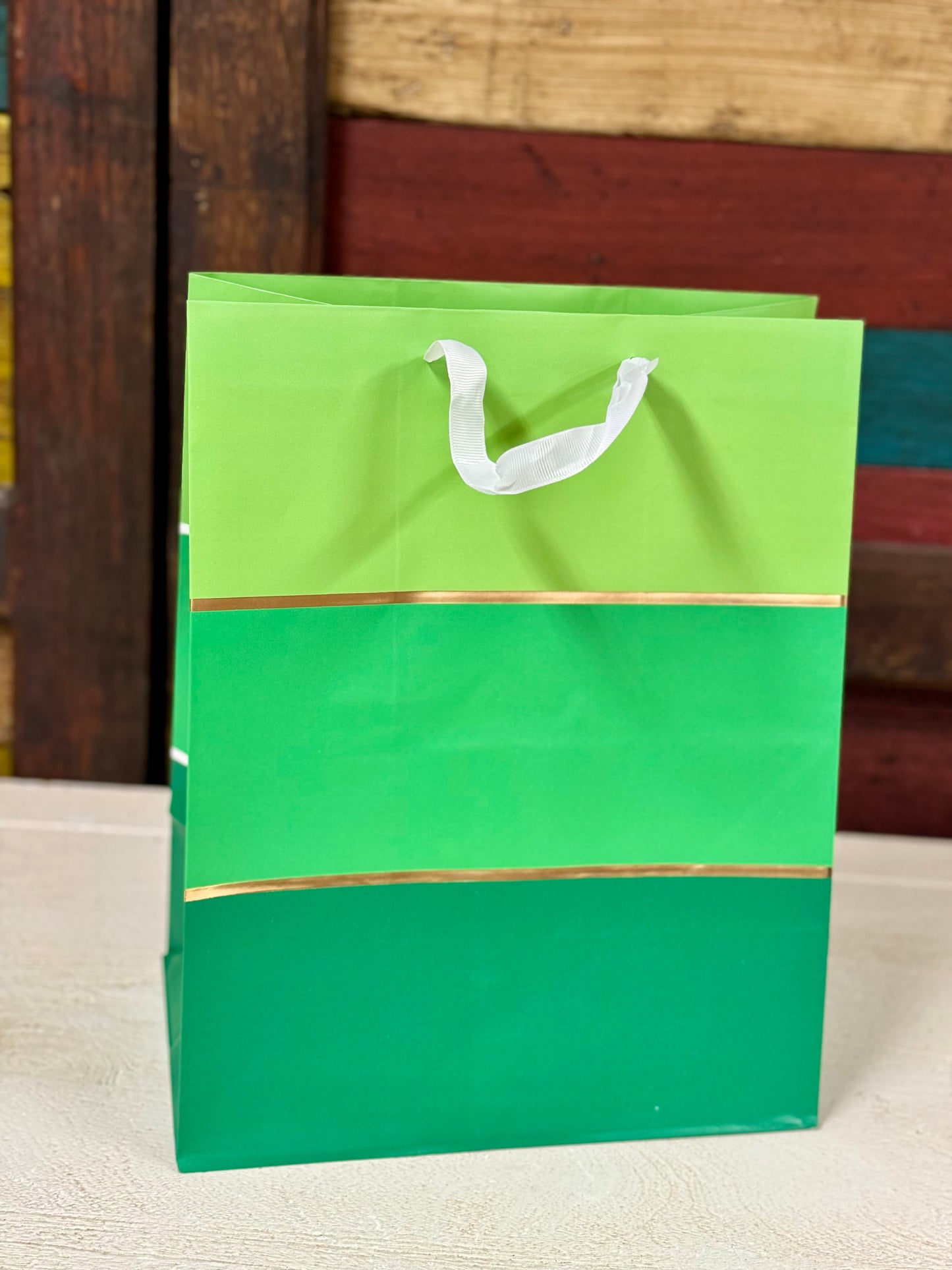 Green Gift Bag With  Stripes And  Small White Stripes