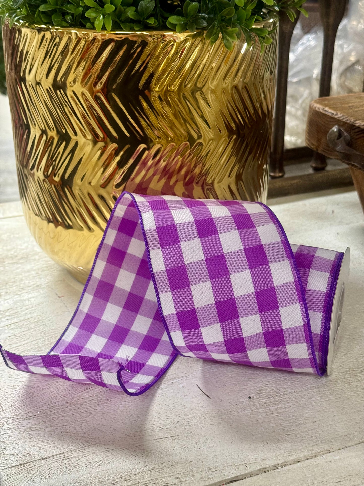 4 Inch By 10 Yard Purple And White Celine Check Plaid Ribbon