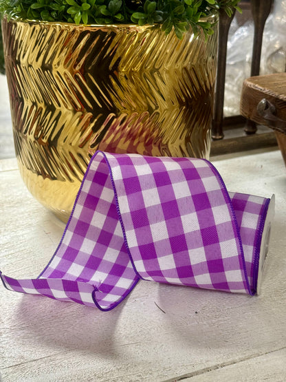 4 Inch By 10 Yard Purple And White Celine Check Plaid Ribbon