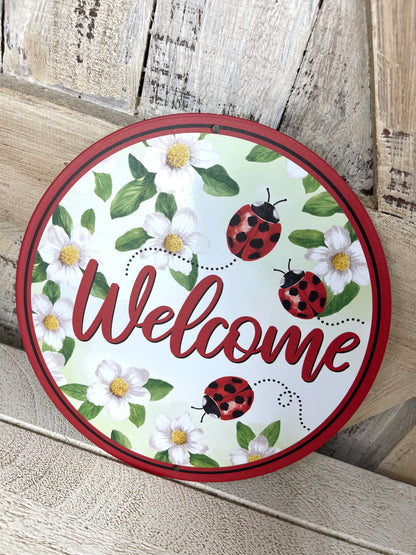 8 Inch Welcome With Ladybugs Metal Sign