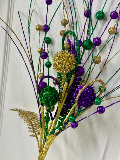 27.5 Inch Mardi Gras Glitter Fern Ball Spray
