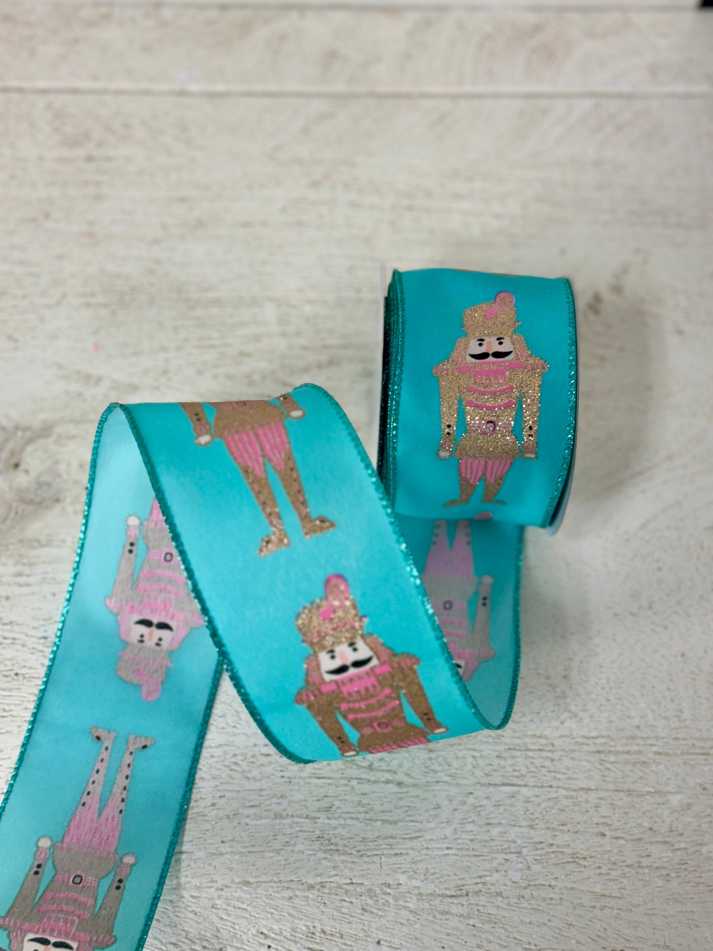 2.5 Inch By 10 Yard Teal Pink And Champagne Nutcracker Ribbon