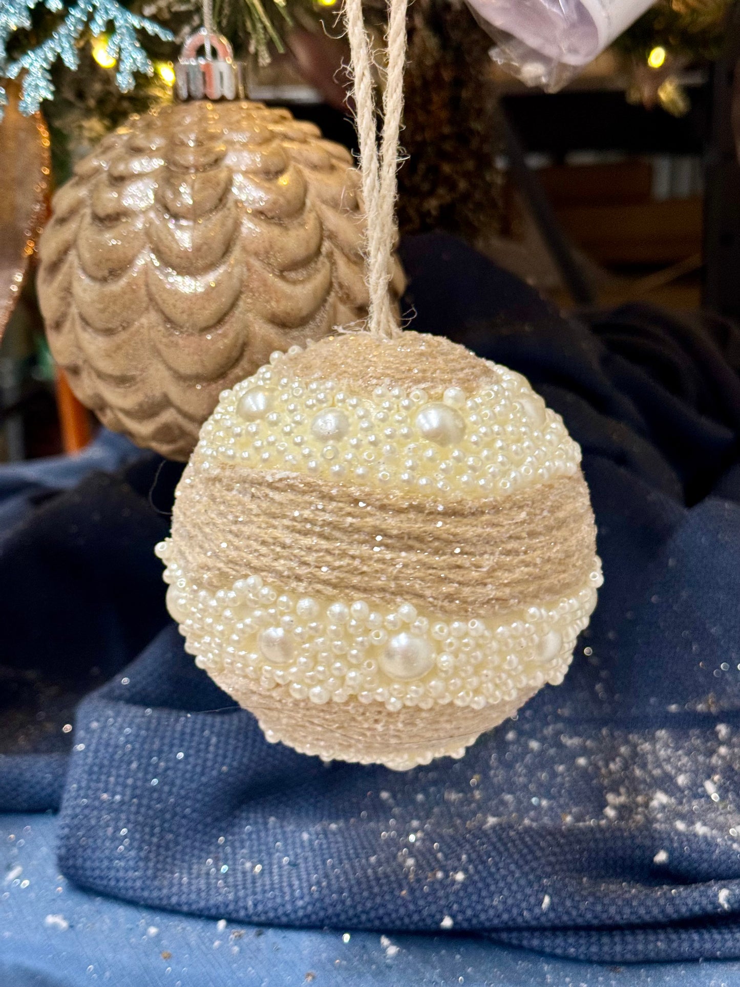 4.25 Inch Cream Glitter Pearl Beaded Ornament Ball