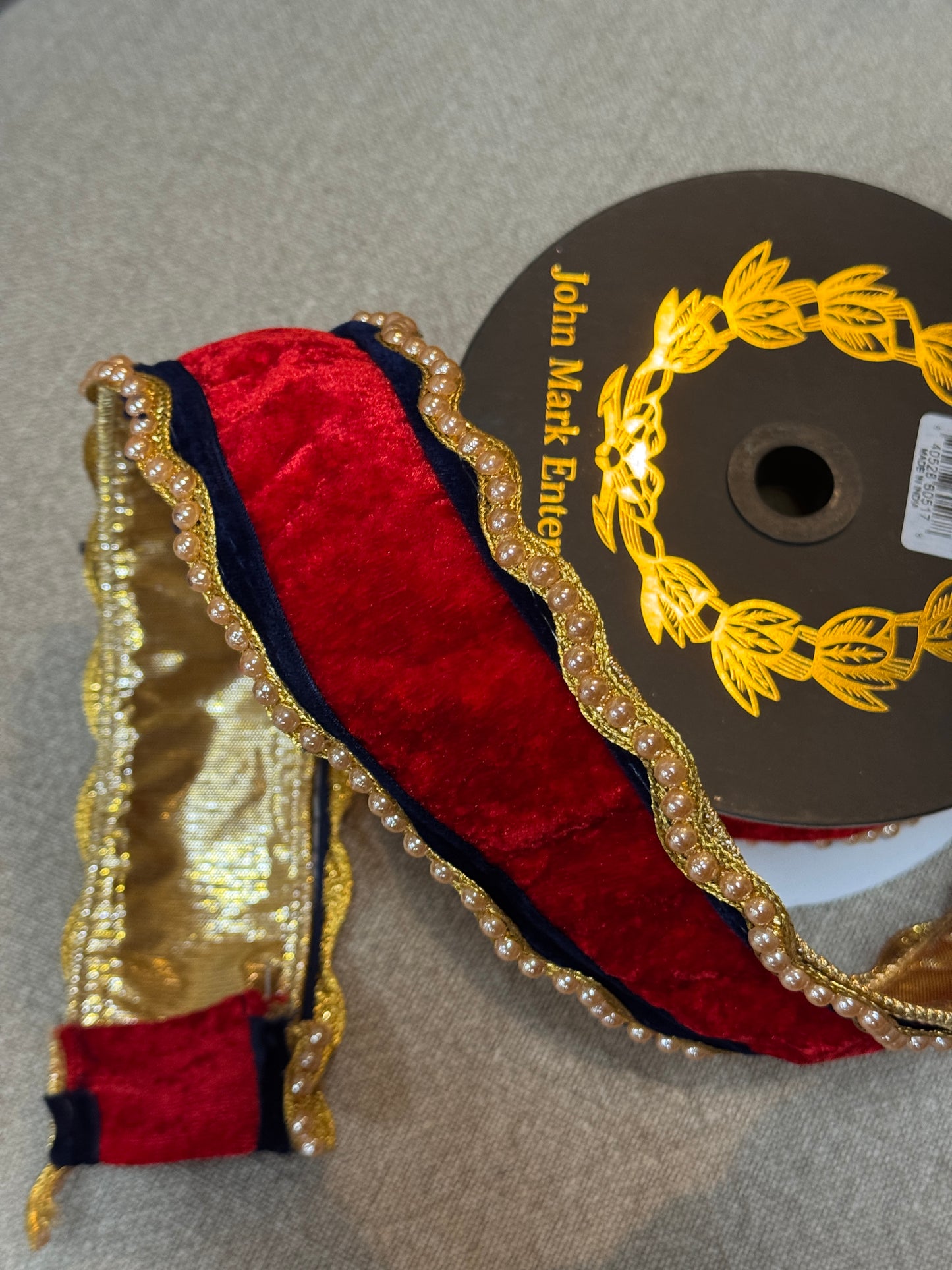 John Mark 2.5 Inch By 10 Yard Red Velvet With Navy And Beaded Trim Edged Ribbon