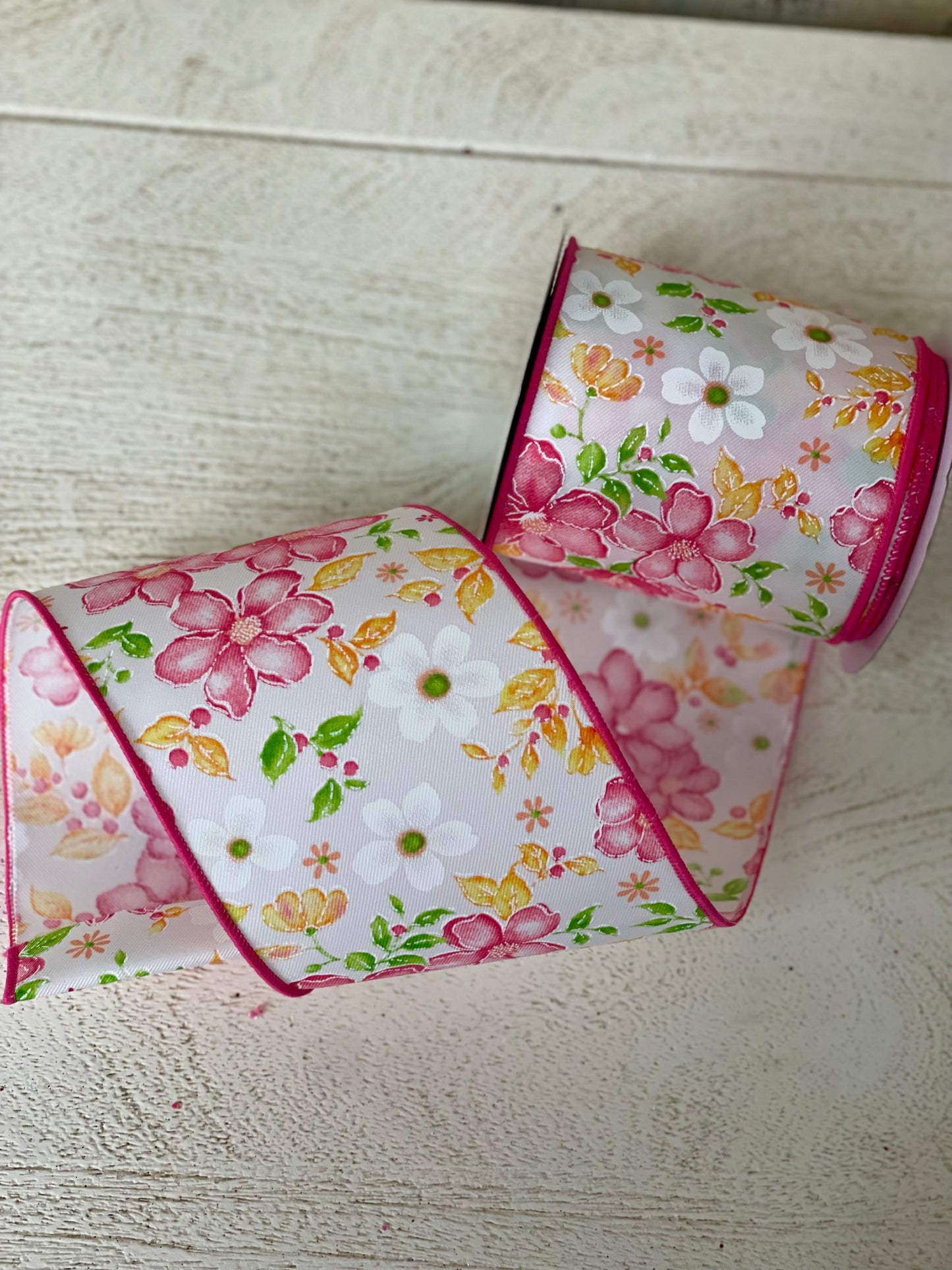 4 Inch By 10 Yard White Background With Watercolor Flowers Ribbon