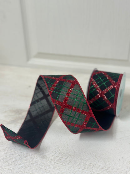 2.5 Inch By 10 Yard Black Red And Emerald Green Diagonal Plaid Ribbon