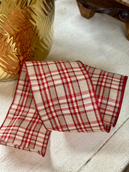 4 Inch By 10 Yard Natural And Red Holiday Plaid Ribbon