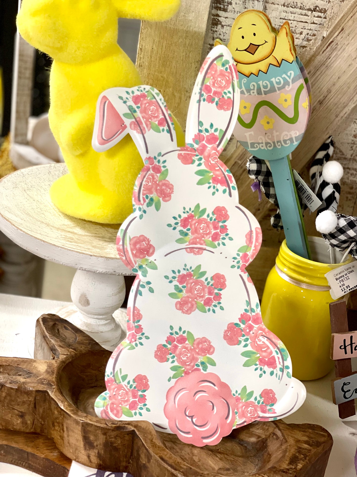 Pink Floral Metal Bunny Sign