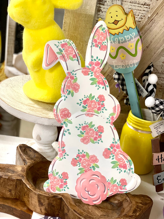 Pink Floral Metal Bunny Sign