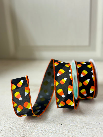 1.5 Inch By 10 Yard Black Background With Candy Corns Ribbon