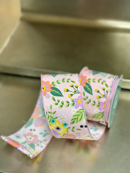 2.5 Inch By 10 Yard Peach And Lavender Graphic Floral Ribbon