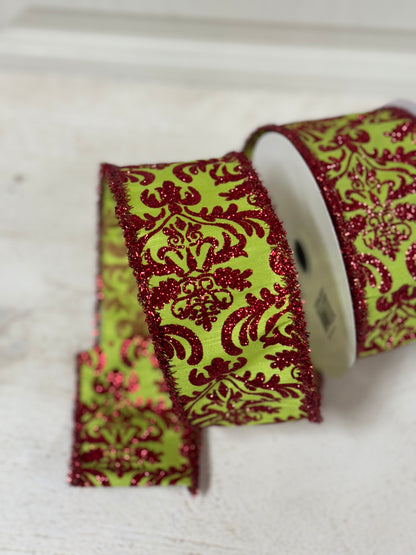 2.5 Inch By 10 Yard Spring Green And Red Damask Ribbon With Red Tinsel Edging