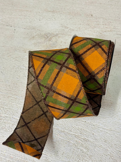 2.5 Inch By 10 Yard Brown Orange And Moss Glitter Plaid Ribbon