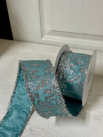 2.5 Inch By 10 Yard Aqua And Silver Demask Ribbon With Silver Tinsel Edging