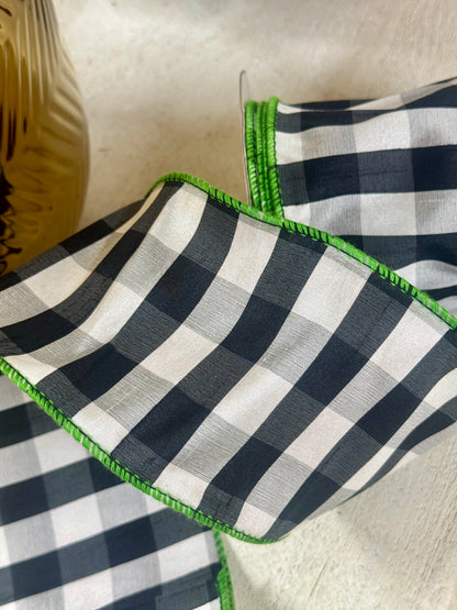 4 Inch By 10 Yard Black And White Gingham Check With Lime Green Edging Ribbon