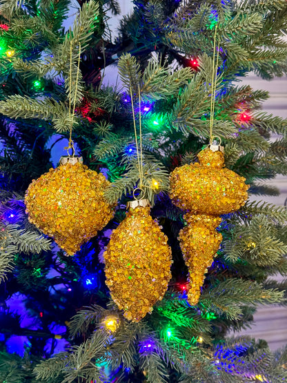 Gold Glitter Beaded Ornament Three Assorted
