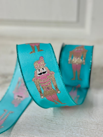 2.5 Inch By 10 Yard Teal Pink And Champagne Nutcracker Ribbon