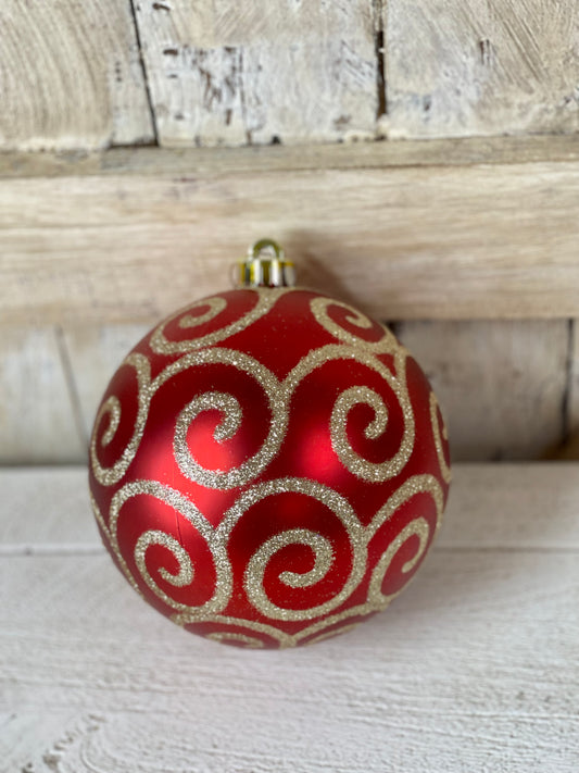 6 Inch Matte Red With Gold Glitter Scrolls And Swirls Ornament Ball