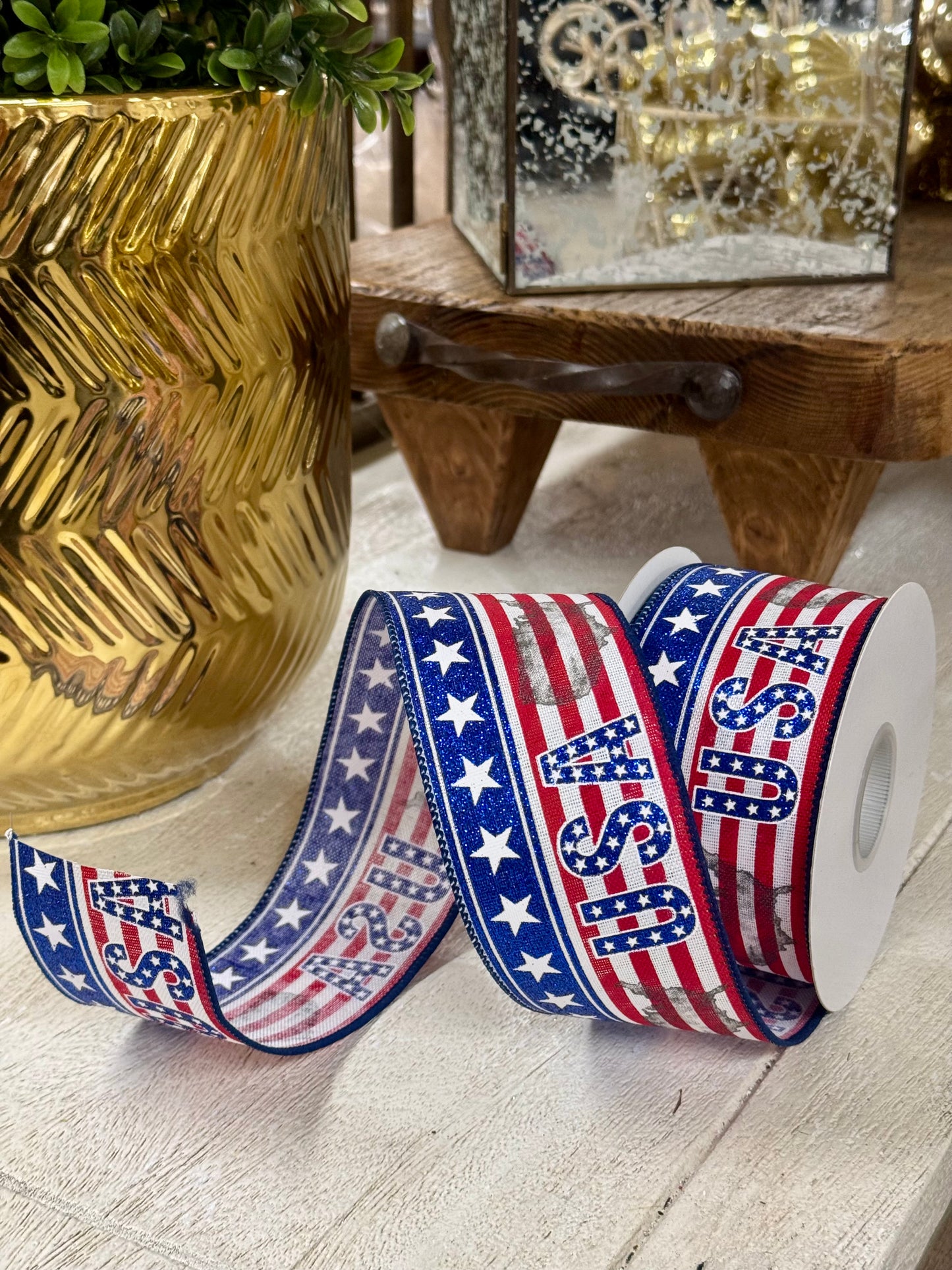 2.5 Inch By 10 Yard USA Red And Blue Glitter Ribbon