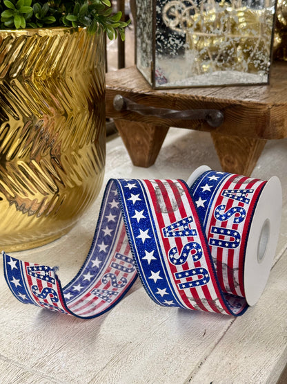 2.5 Inch By 10 Yard USA Red And Blue Glitter Ribbon