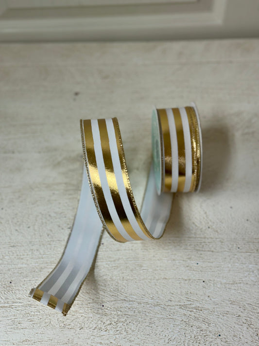 1.5 Inch By 10 Yard White And Gold Vertical Striped Ribbon