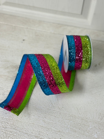 2.5 Inch By 10 Yard Turquoise, Fuchsia, Lime Striped Glitter Ribbon