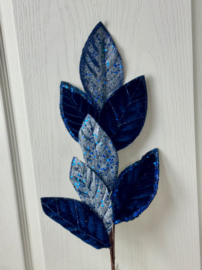 27 Inch Navy Blue Velvet And Glitter Magnolia Leaf Spray