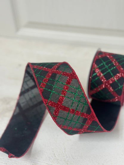 2.5 Inch By 10 Yard Black Red And Emerald Green Diagonal Plaid Ribbon