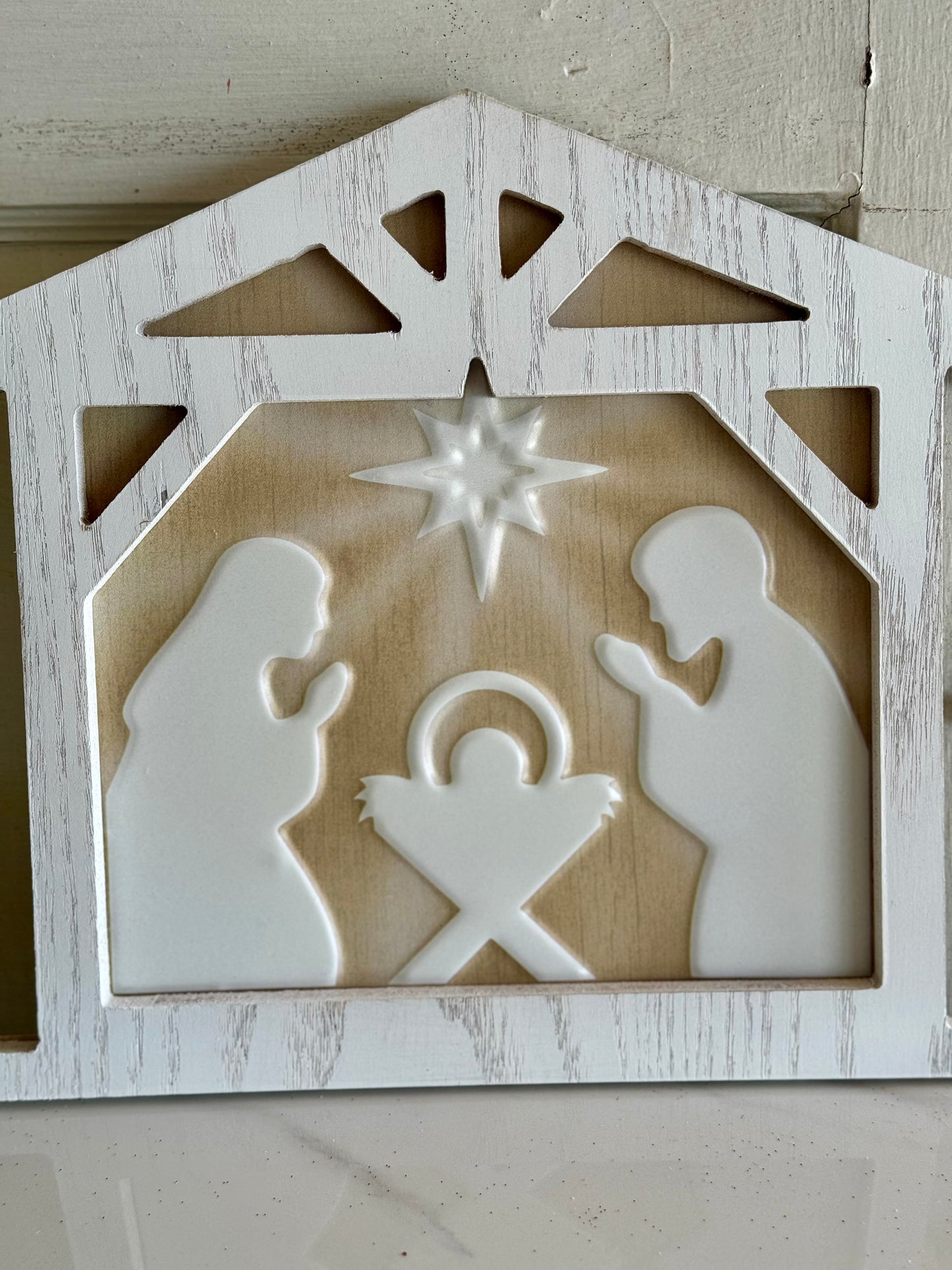 Light Brown And White Metal Nativity Scene Sign