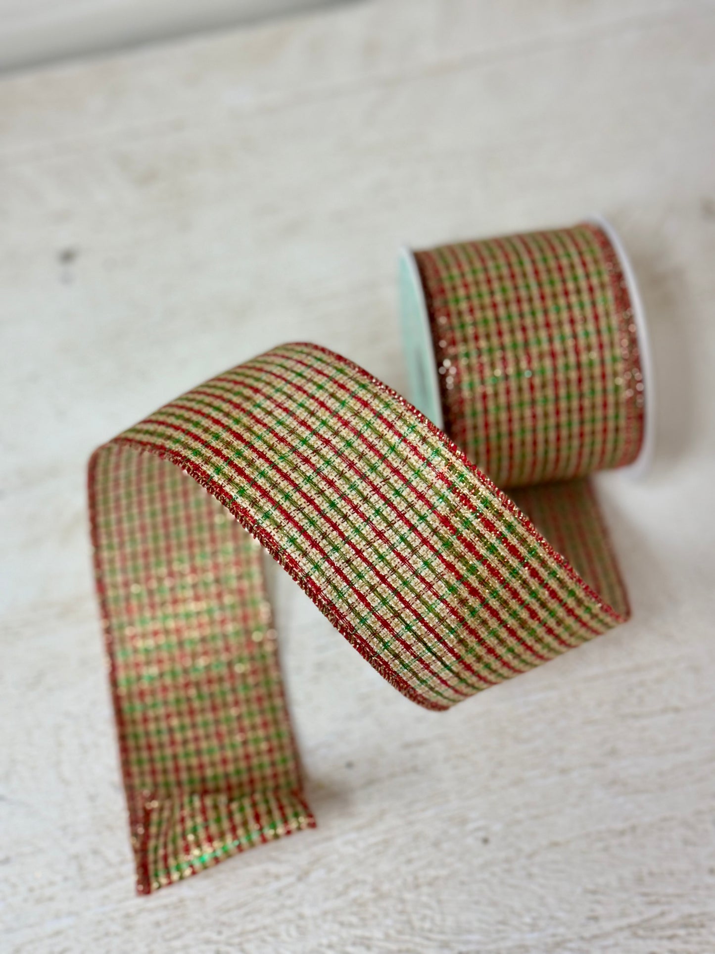 2.5 Inch By 10 Yard Red Green And Gold Woven Metallic Stripes Ribbon