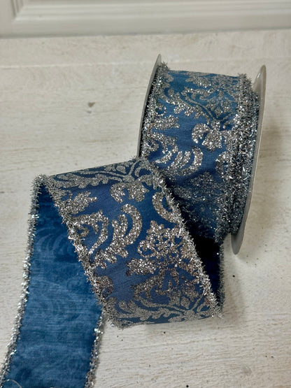 2.5 Inch By 10 Yard Smoke Blue And Silver Demask With Silver Tinsel Edging