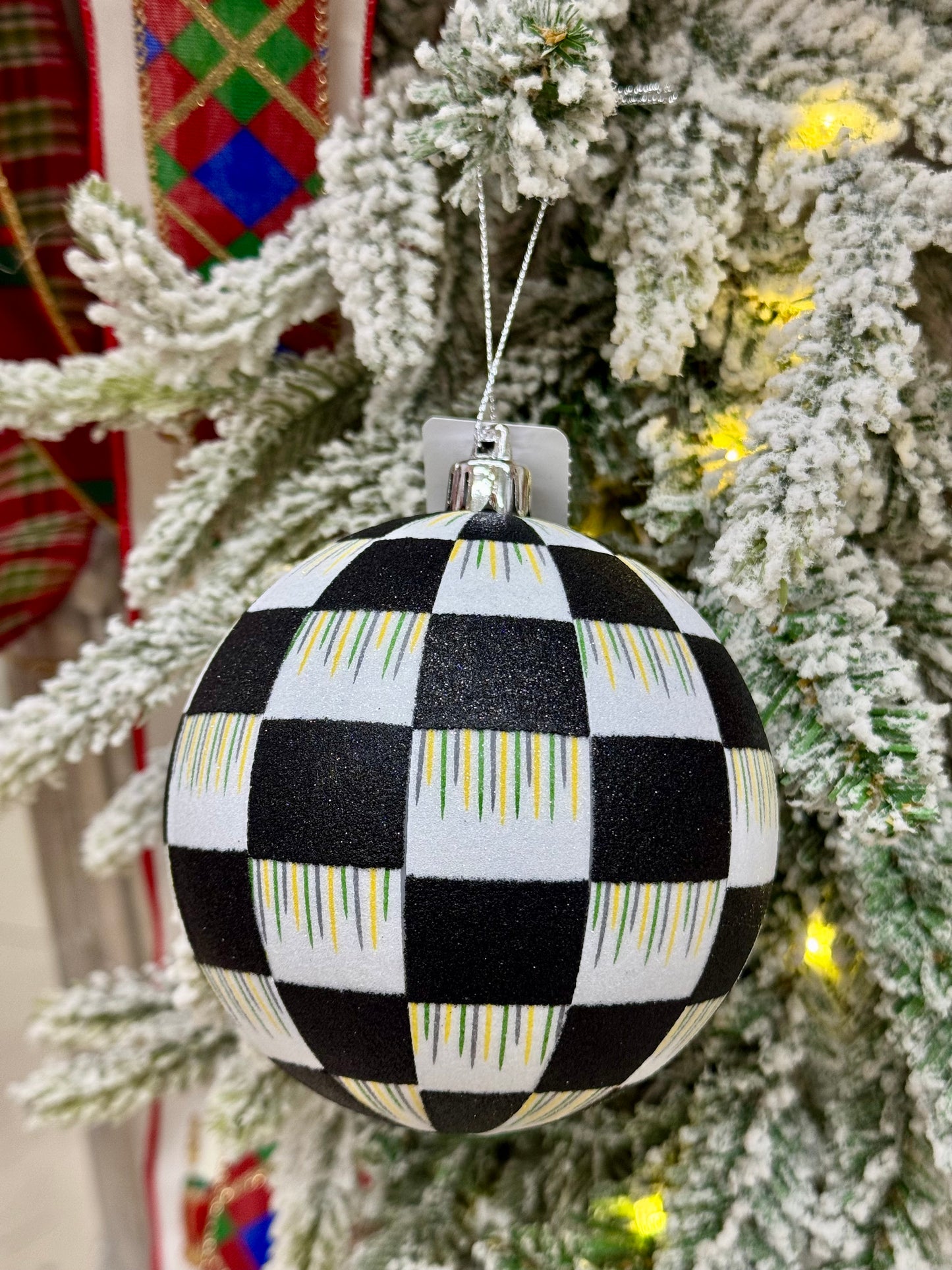 4 Inch Black And White Check Glitter Ornament