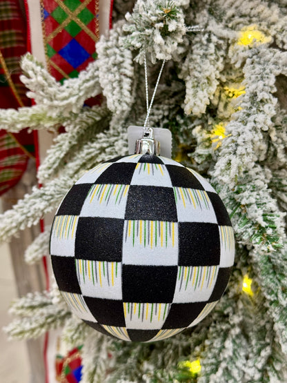 4 Inch Black And White Check Glitter Ornament
