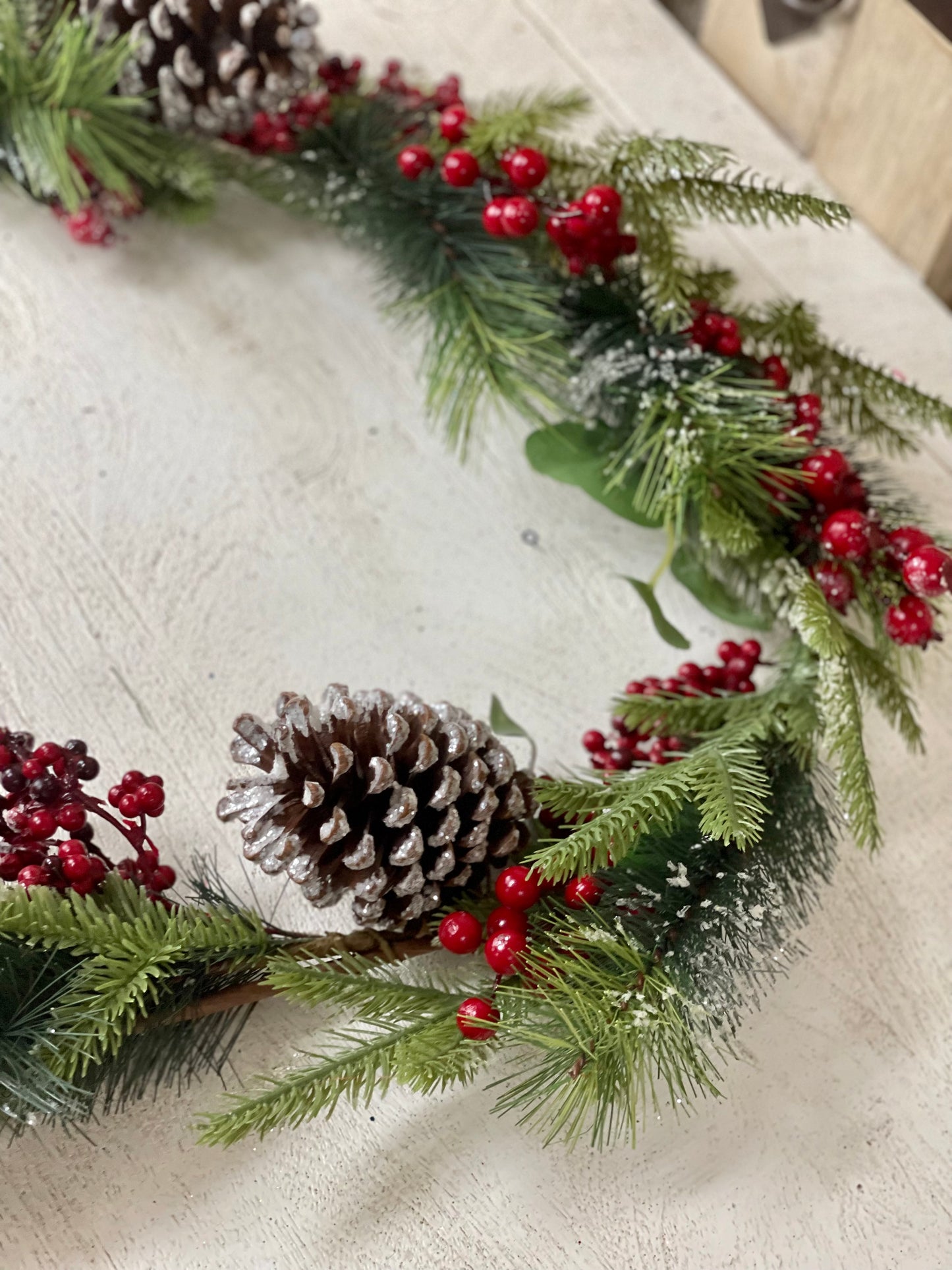 Red Berry With Pinecones And Eucalyptus Mix With Snow Glitter Garland